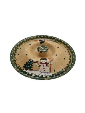 Stoneware Snowman Pie Keeper Dish with Lid Holiday Christmas Winter